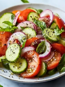 Erfrischender marinierter Gurken-, Zwiebel- und Tomatensalat