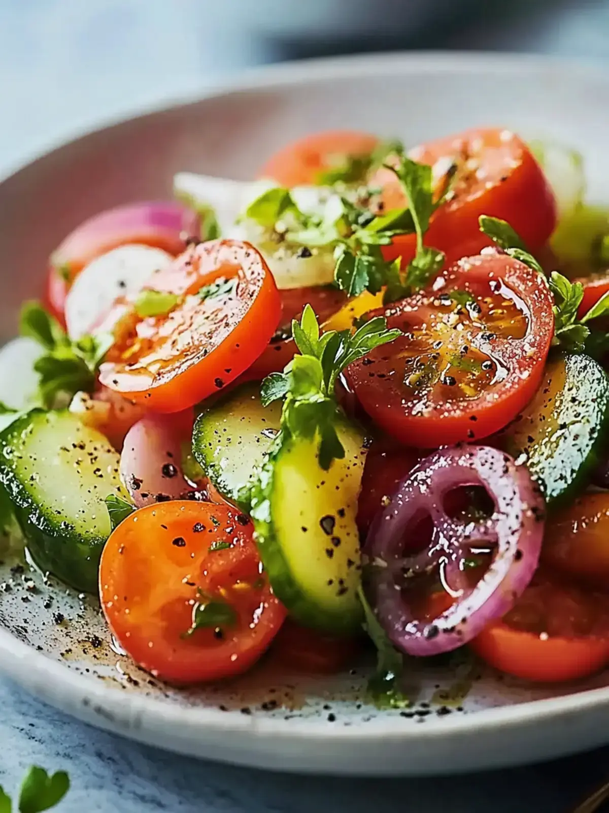 Erfrischender marinierter Gurken Zwiebel und Tomatensalat