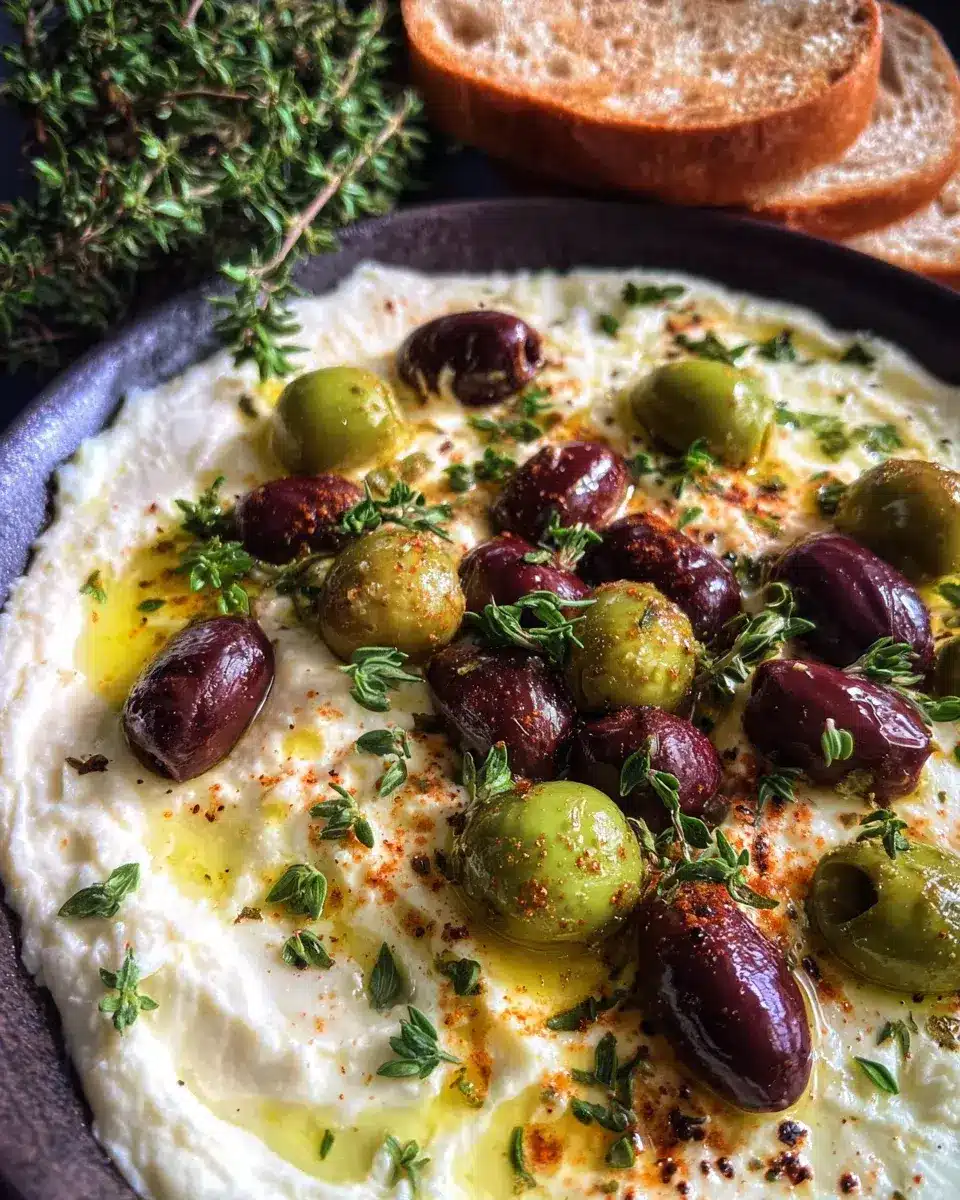 Feta Dip mit gerysteten Oliven schnelles Rezept