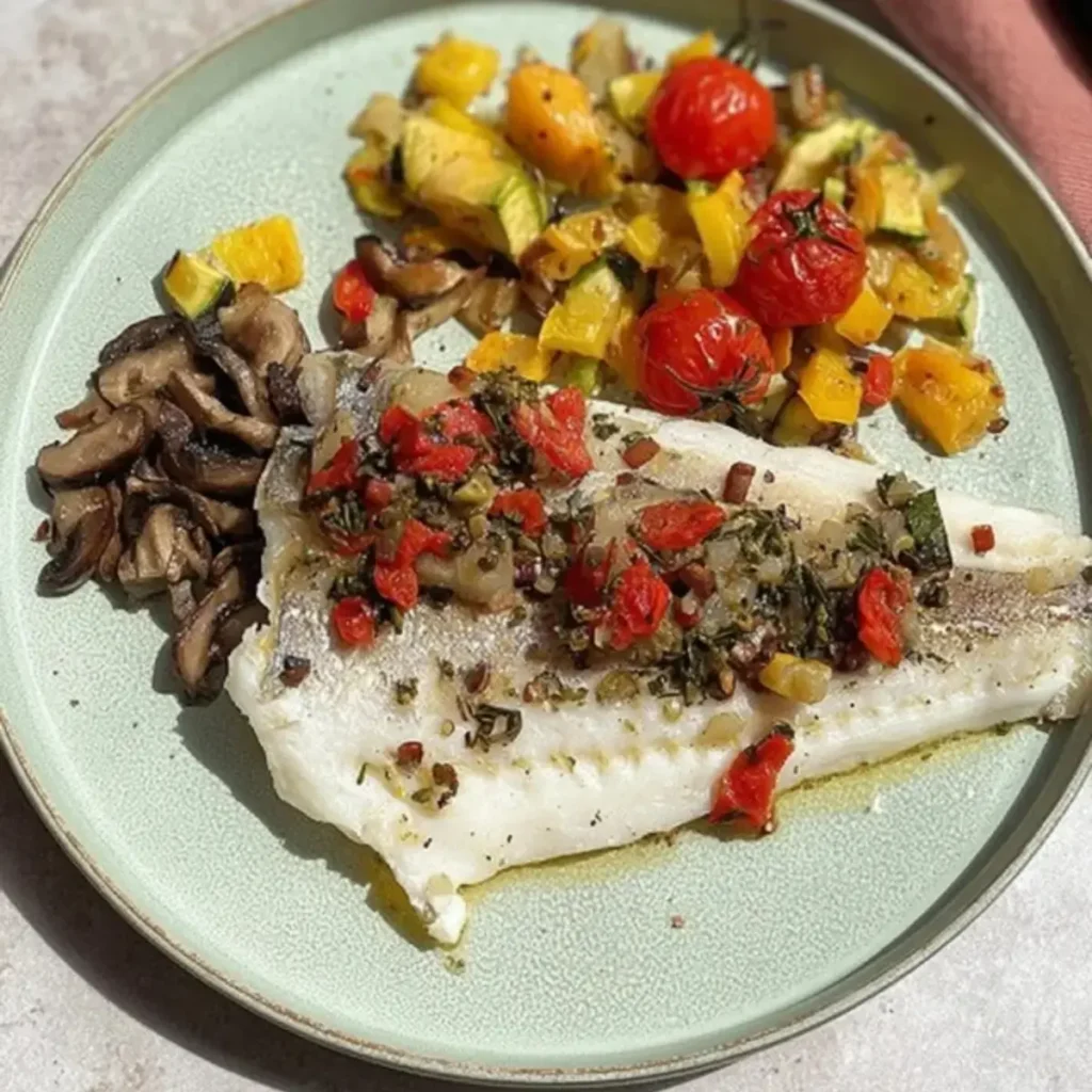 Fisch vom Blech mit mediterranem Gemüse