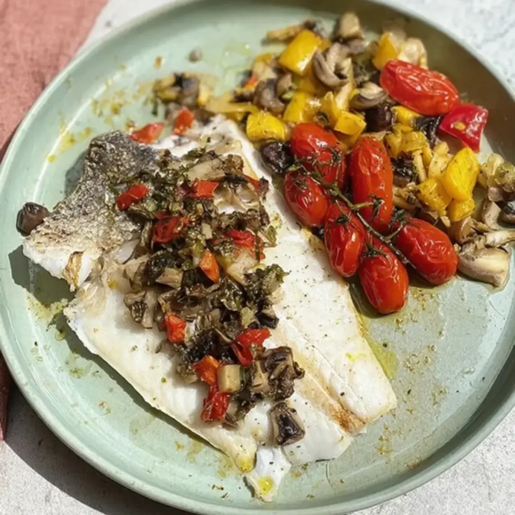 Fisch vom Blech mit mediterranem Gemüse