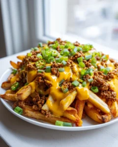French Fry Nachos mit Rindfleisch und Käsesauce