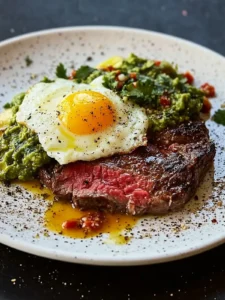Frühstücks-Flanksteak und Eier mit Guacamole zum Verlieben