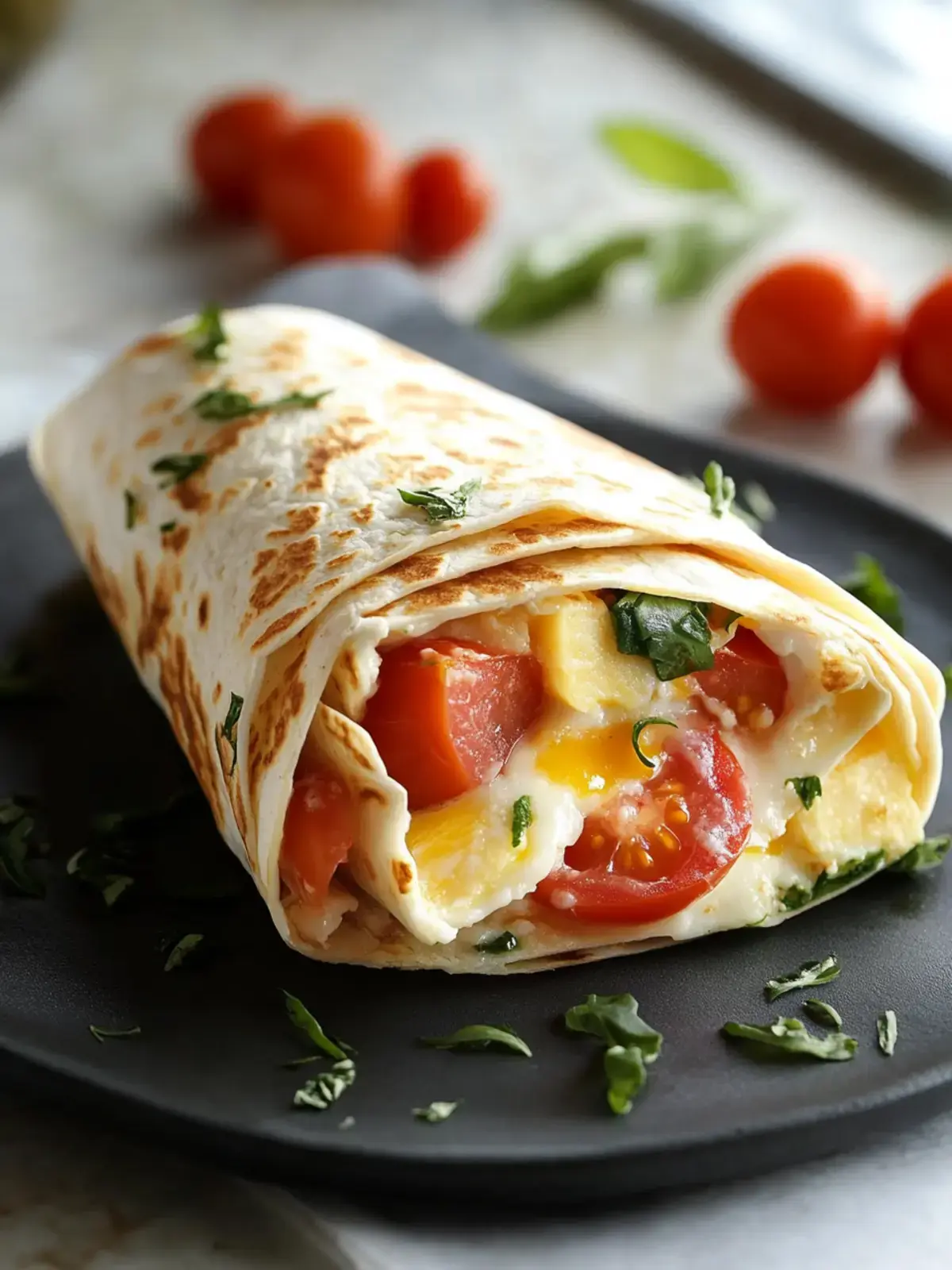 Frühstückswrap mit Ei Käse und Tomaten