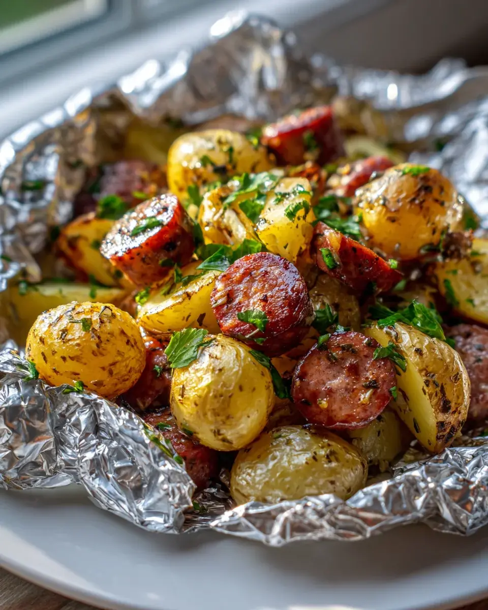 Garlic Butter Potato And Sausage Foil Packs