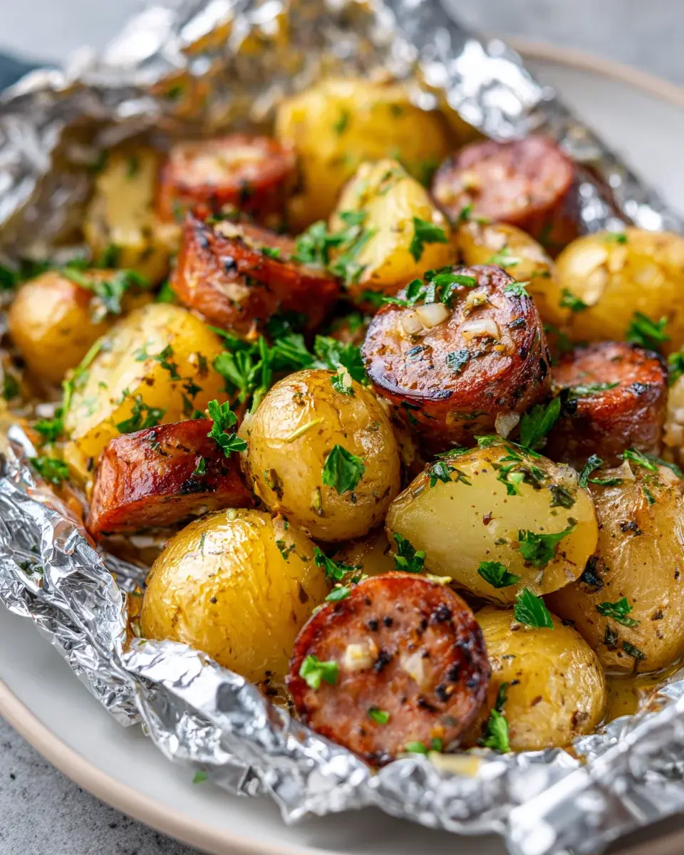 Garlic Butter Potato And Sausage Foil Packs