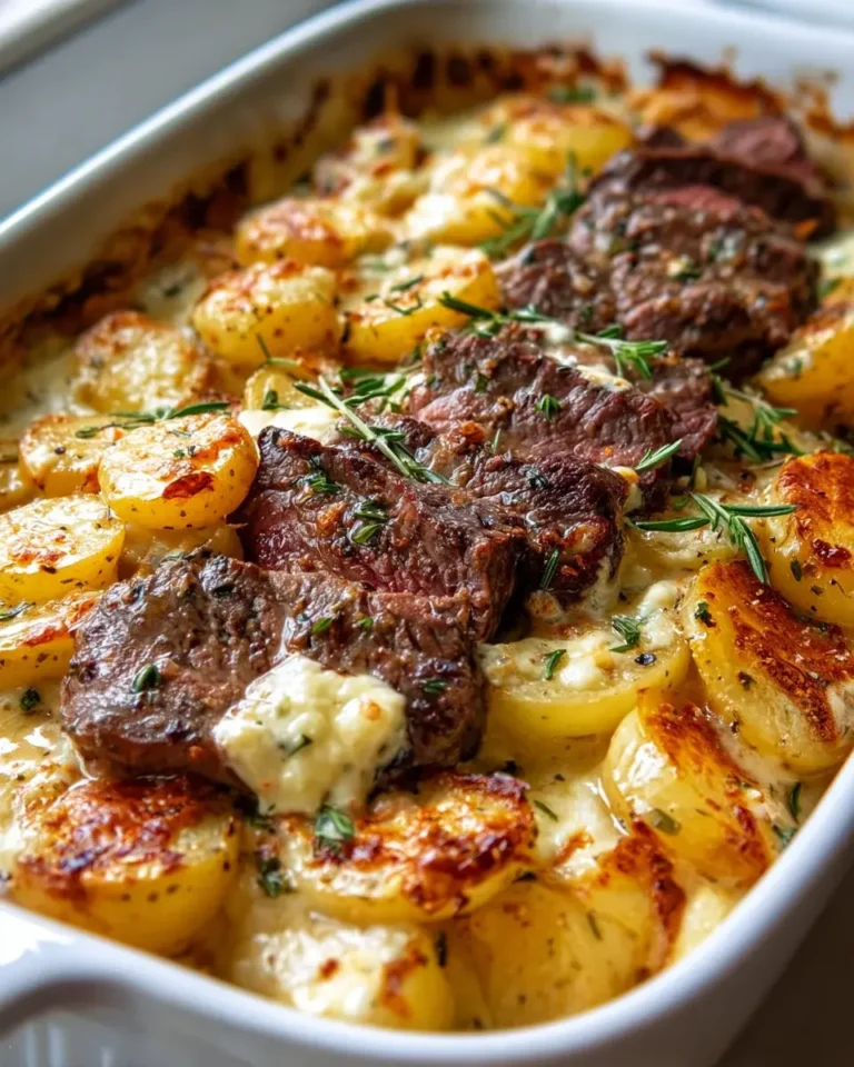 Knoblauchbutter Steak Cheddar Kartoffelauflauf – Herzhaft lecker!