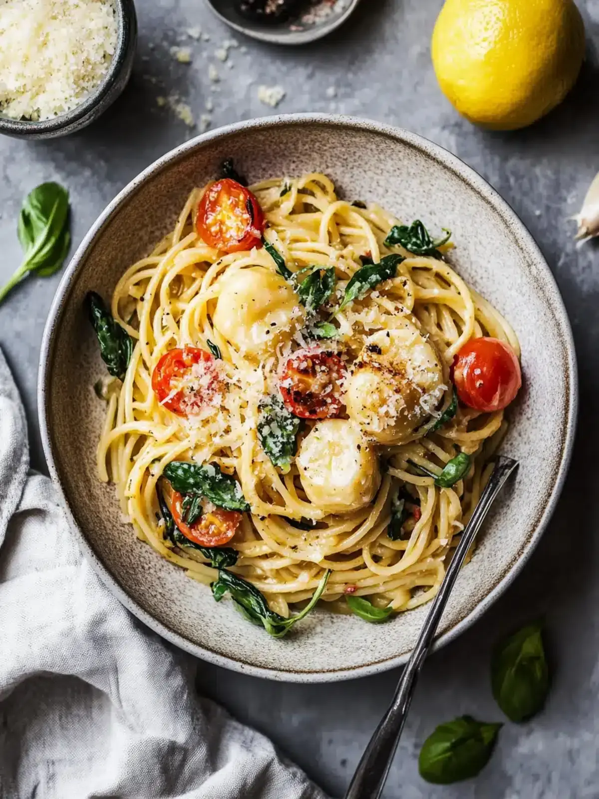 Garnelen- und Jakobsmuschel-Pasta mit Gemüse