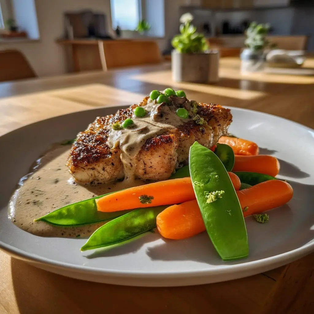 Gebratene Hähnchenbrust Morchelrahmsoße junges Gemüse