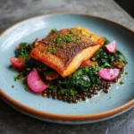 Gebratenes Forellenfilet Linsen Byrlauch Salat