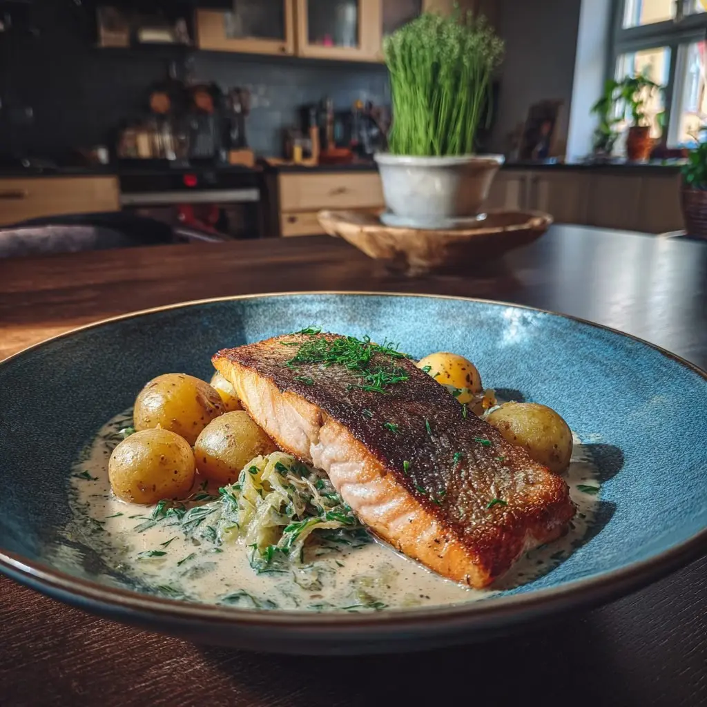Gebratenes Lachsfilet auf Rahmwirsing mit neuen Kartoffeln – LNNRW