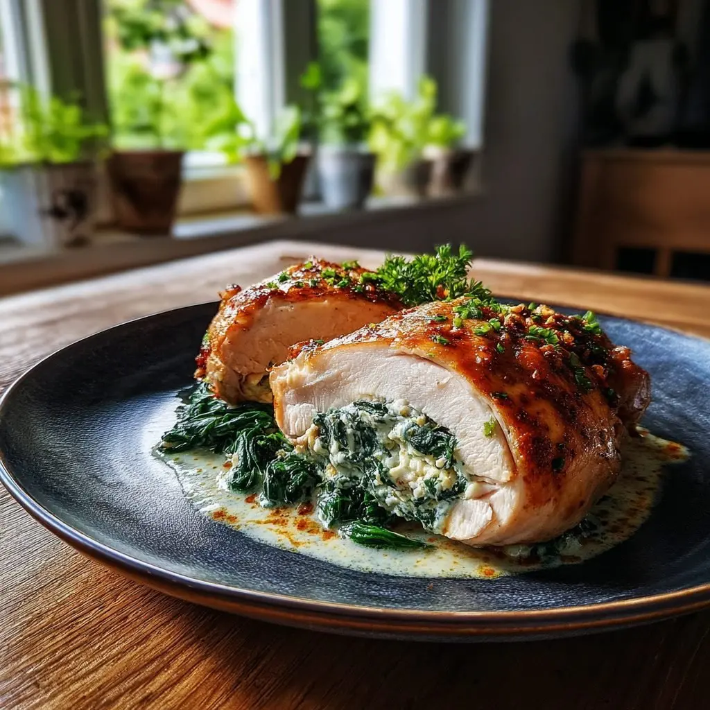 Gefüllte Hähnchenbrust mit Bärlauch-Frischkäsefüllung und Rahmspinat – LNNRW