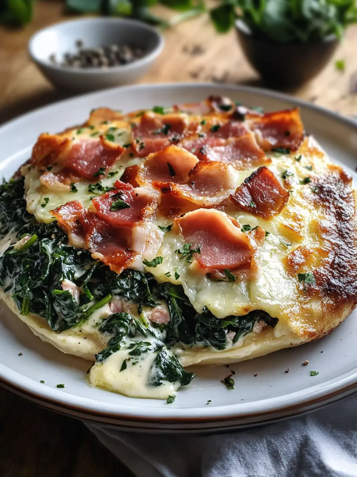 Gefyllte Hyhnchenbrust mit Spinat Rinderham und Pilzen