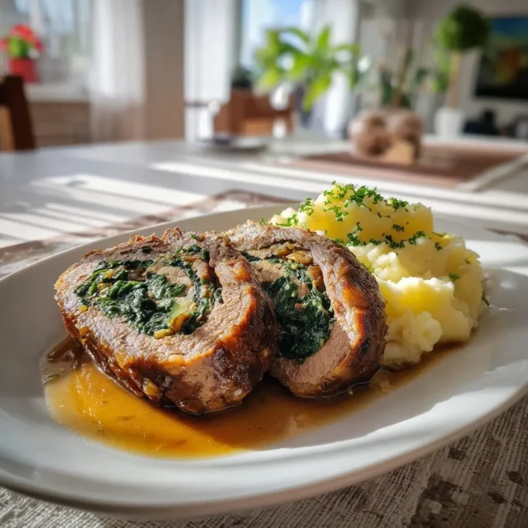 Gefüllter Rinderhackbraten Pilz Spinat