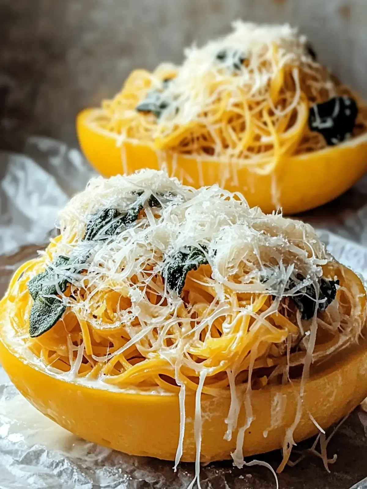 Gefüllter Spaghetti-Kürbis mit Spinat und Pilzen