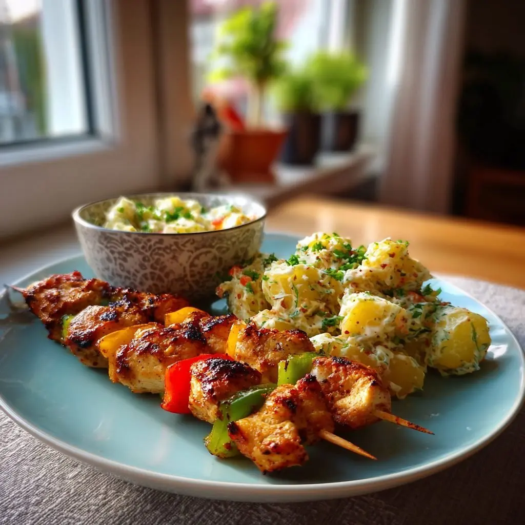 Gegrillte Hähnchenspieße Kräuter-Kartoffelsalat