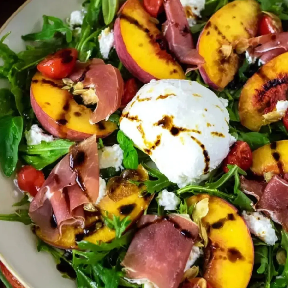 Gegrillter Pfirsich Salat mit Burrata und Serrano Schinken