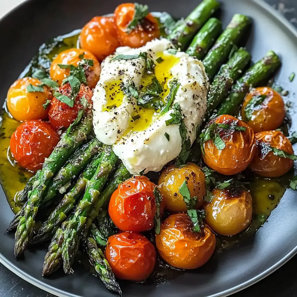 Gerösteter Grüner Spargel mit Burrata und Tomaten