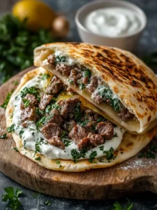 Griechische Rindfleisch gefüllte Pita mit Zitronen-Knoblauch-Joghurt
