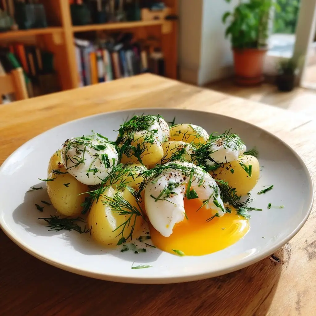 Grüner Spargel neue Kartoffeln pochiertes Ei