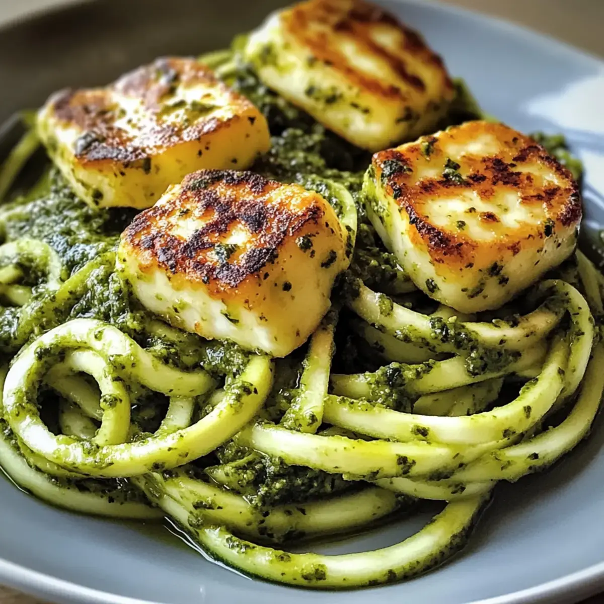 Halloumi mit Zucchini-Pesto-Nudeln