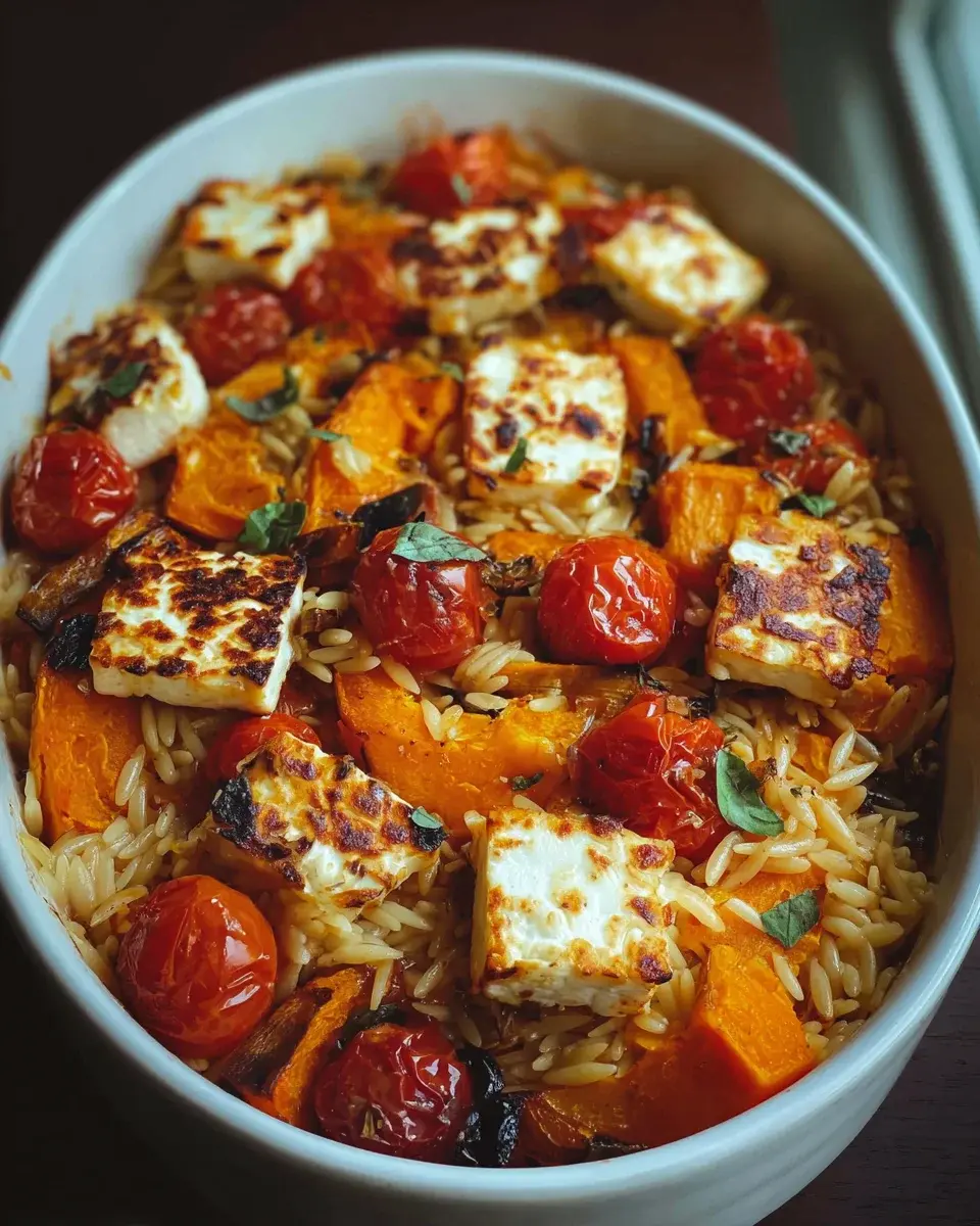 Herbstlicher Halloumi Orzo Auflauf
