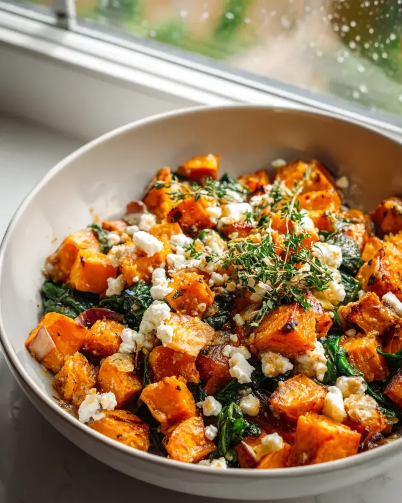 Gesunde Honig-Feta Süßkartoffelpfanne mit frischem Spinat – Snackerra
