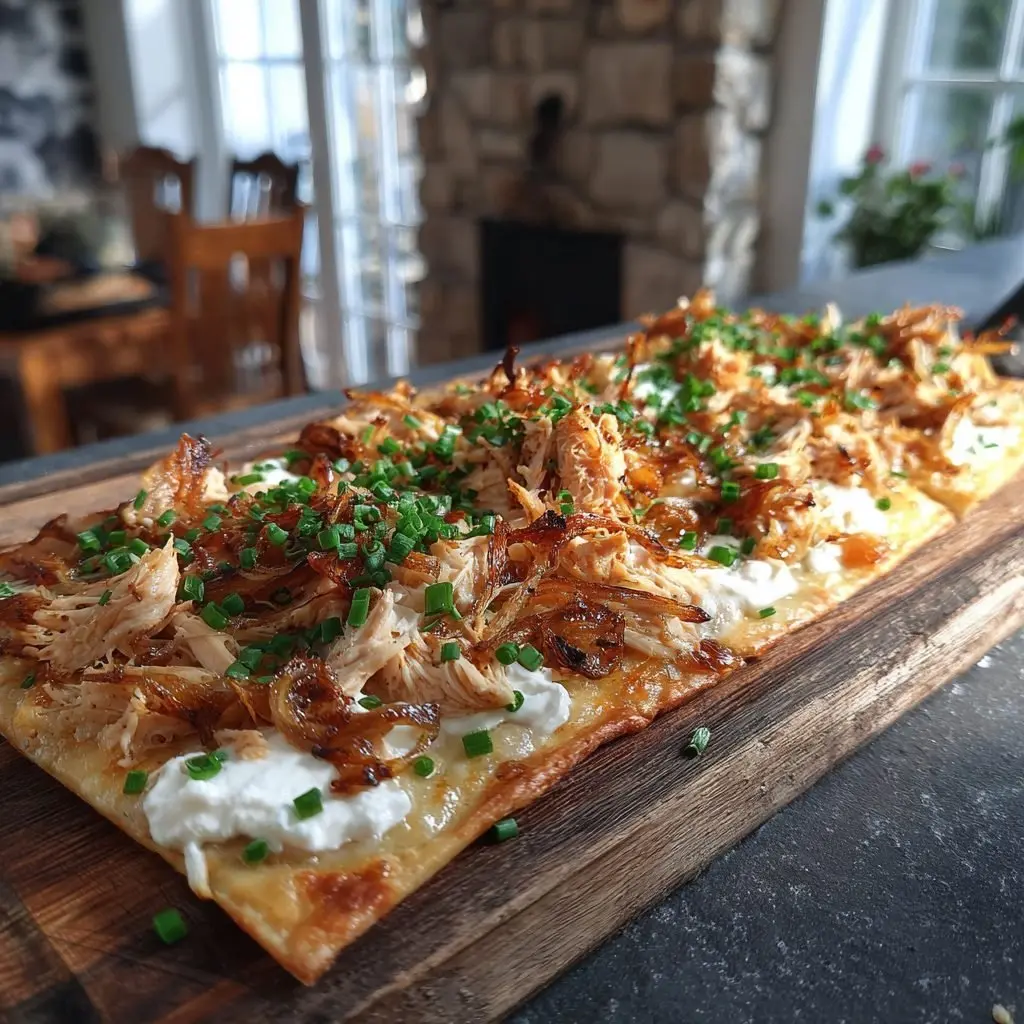 Hähnchen Flammkuchen karamellisierte Zwiebeln