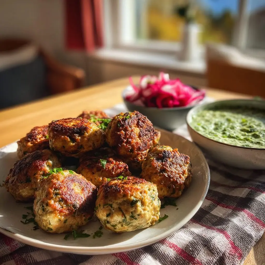 Hähnchen Frikadellen Kräuter Dip Radieschensalat