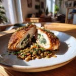 Hyhnchenbrust gefyllt Byrlauch Ricotta Linsen