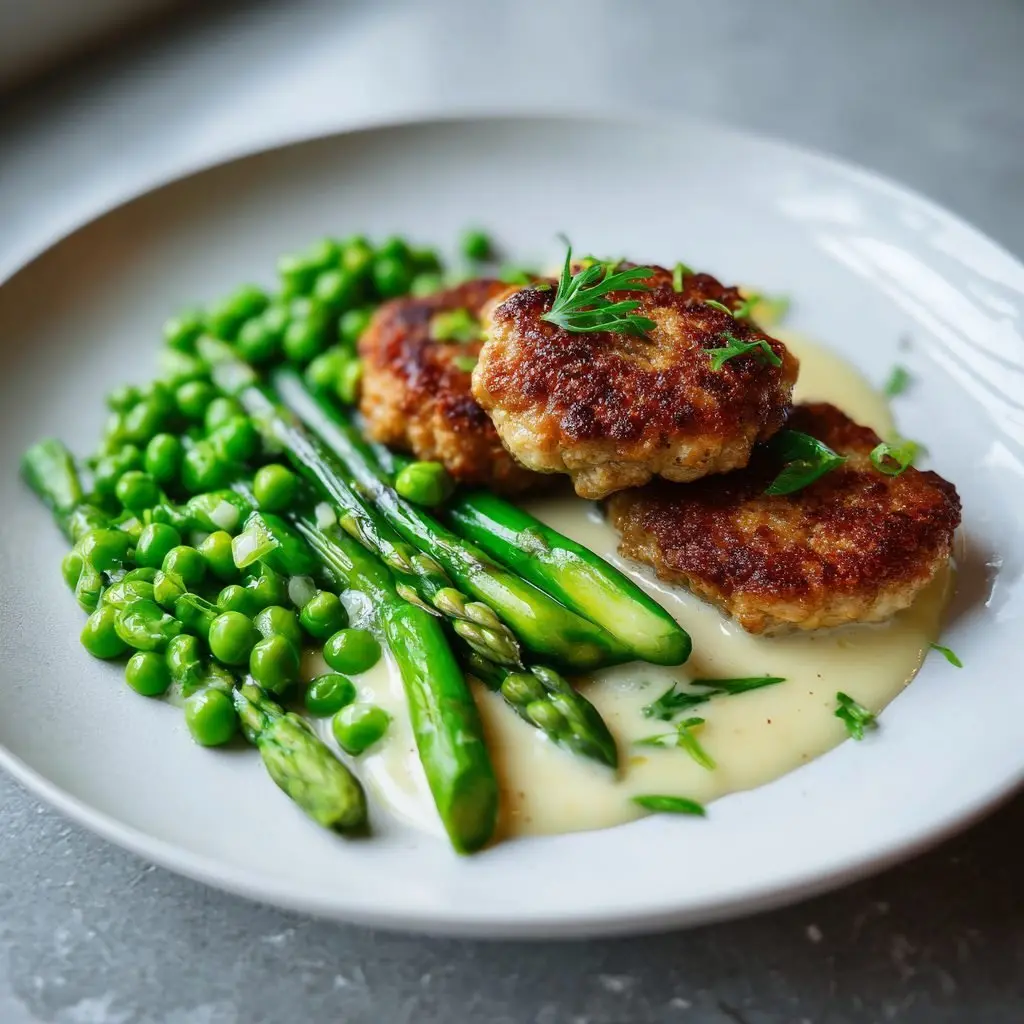 Kalbsfrikadellen mit Spargel Erbsen