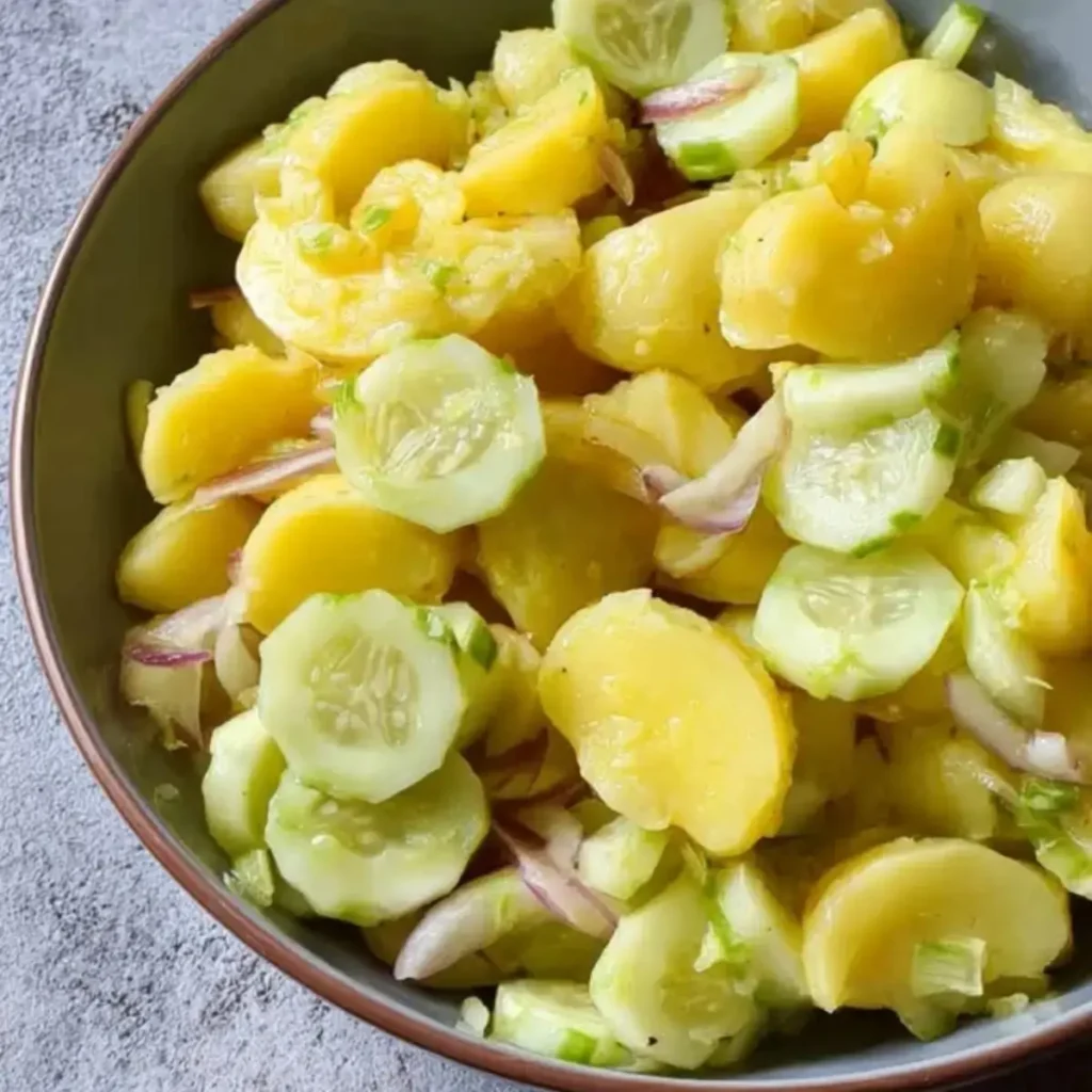 Kalorienarmer Kartoffelsalat mit Gurke und Brühe