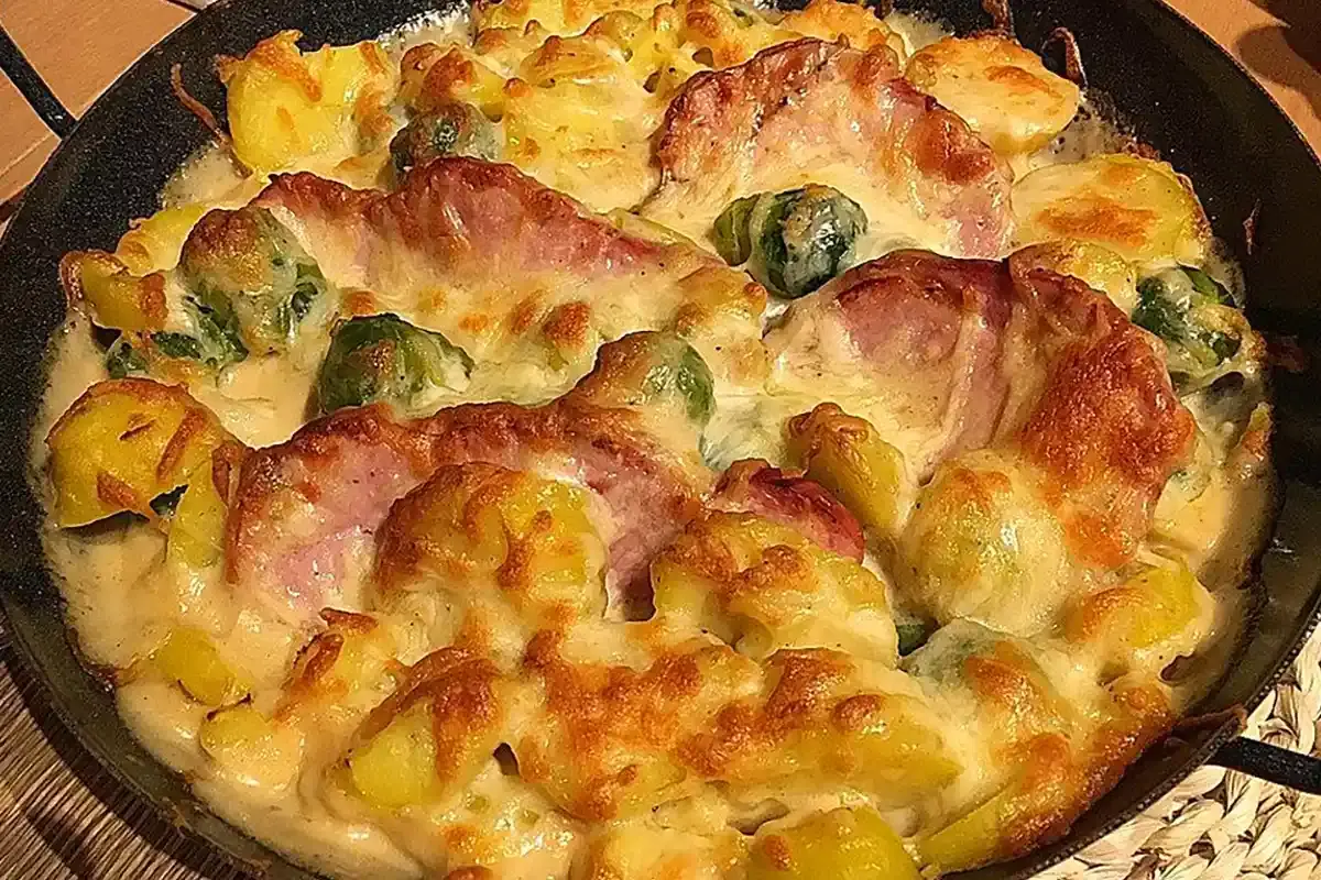 Kartoffel Rosenkohl Auflauf mit Kasseler und Käse