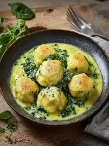 Köstliche Kartoffelknödel mit Spinat-Käse-Soße