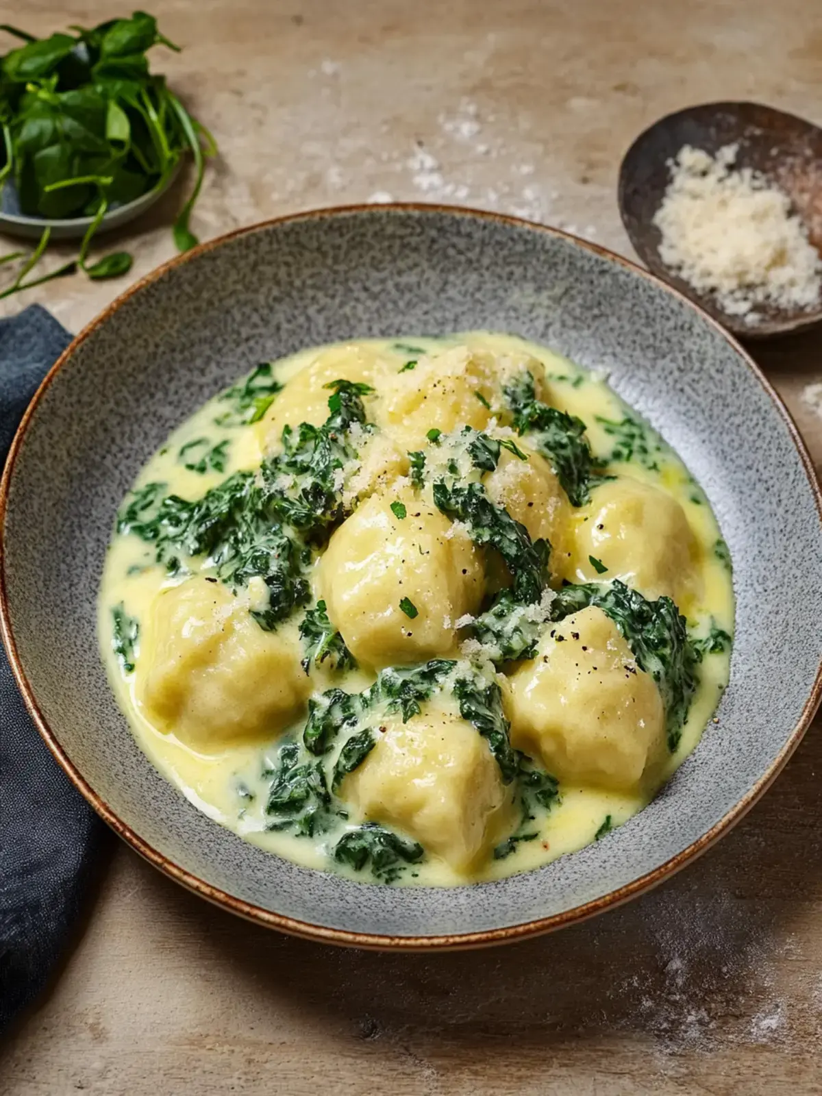 Kartoffelknödel mit Spinat-Käse-Soße