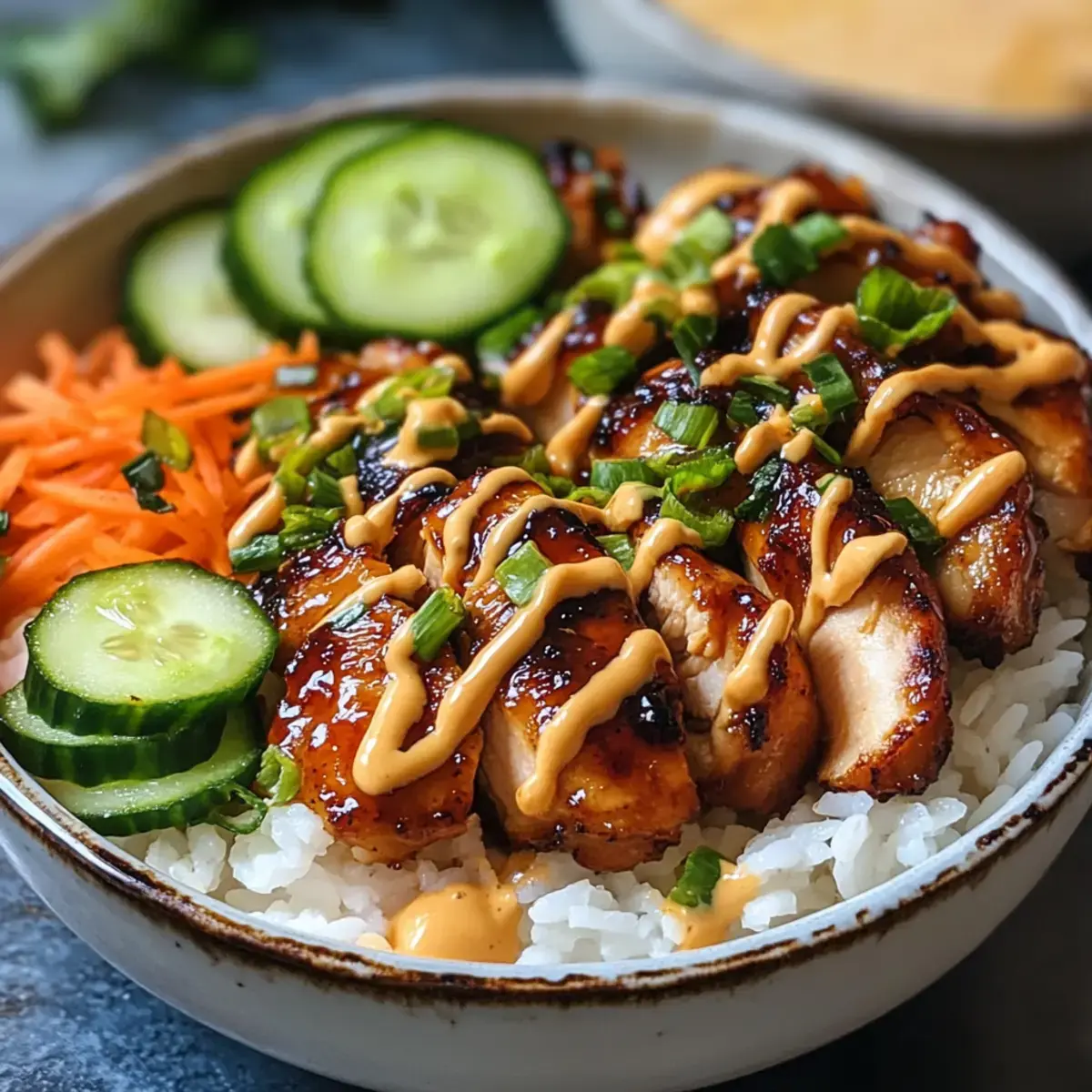 Klebrige Hähnchenreis-Schalen mit scharfer Mayo