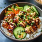 Klebrige Hyhnchenreis Schalen mit scharfer Mayo