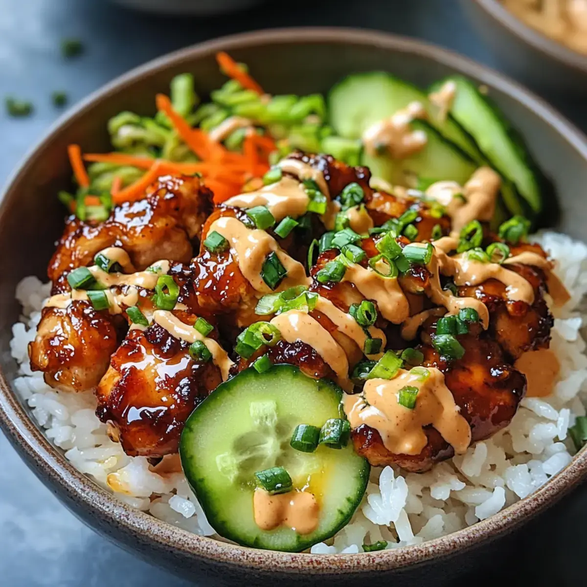 Klebrige Hyhnchenreis Schalen mit scharfer Mayo