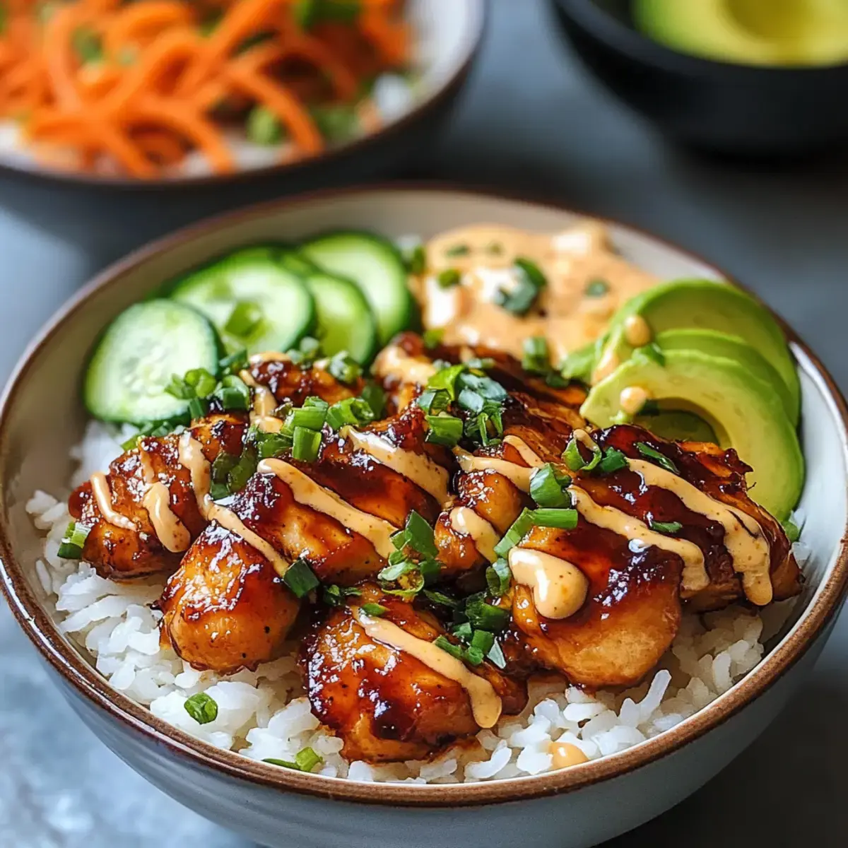 Klebrige Hühnerreis-Schalen mit scharfer Mayonnaise