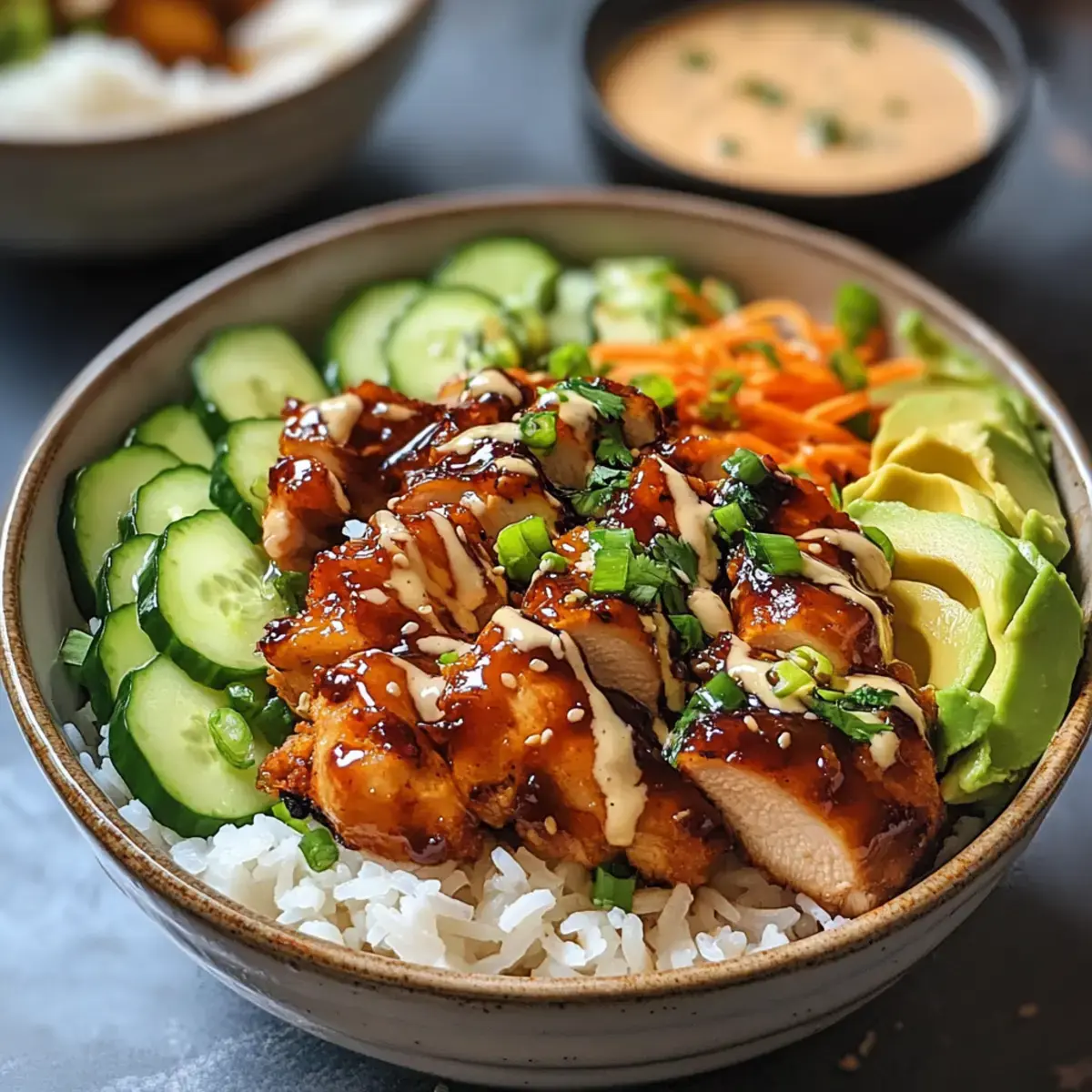 Klebrige Hyhnerreis Schalen mit scharfer Mayonnaise