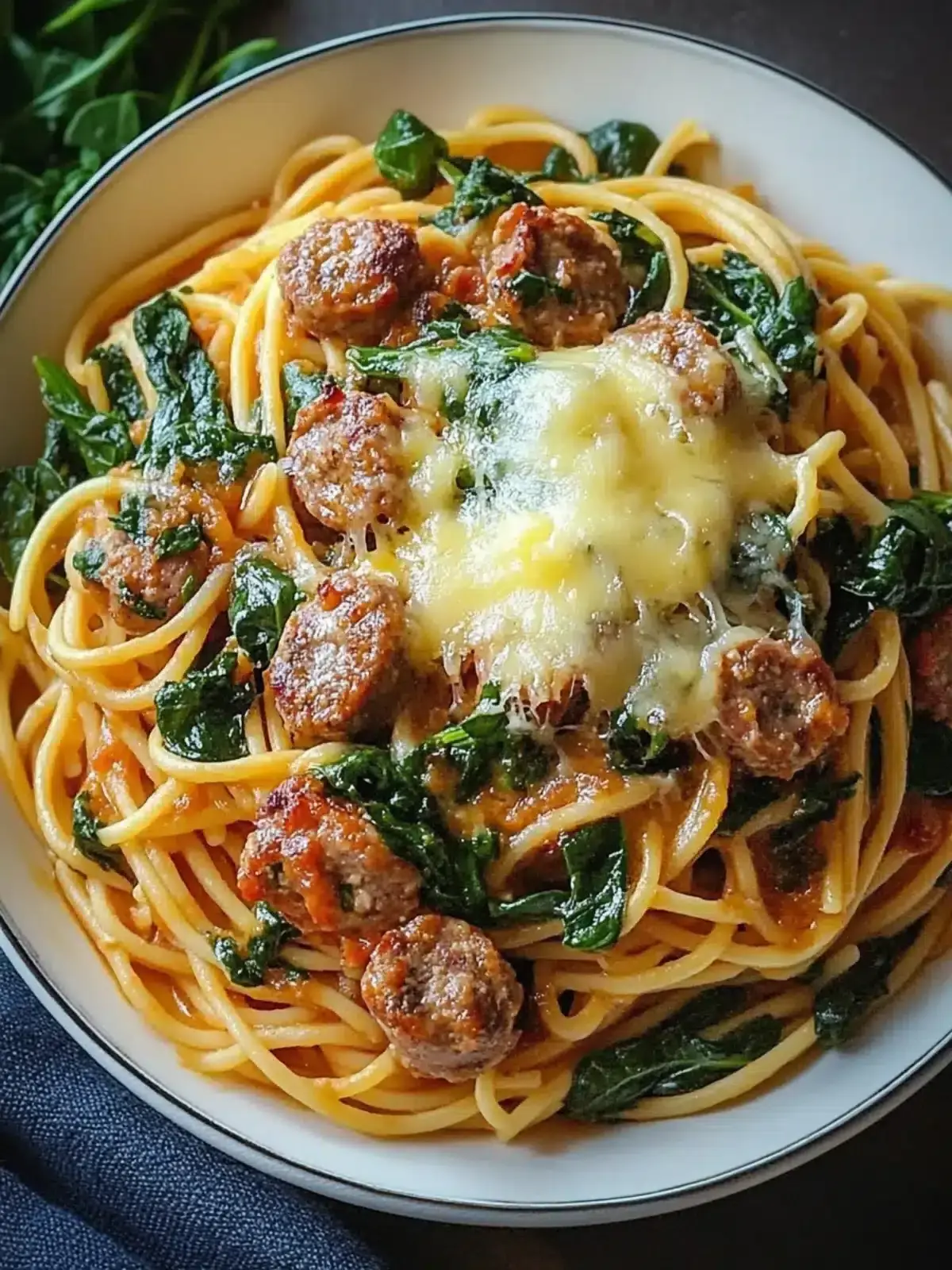 Knoblauchbutter-Spaghetti mit Wurst und Spinat