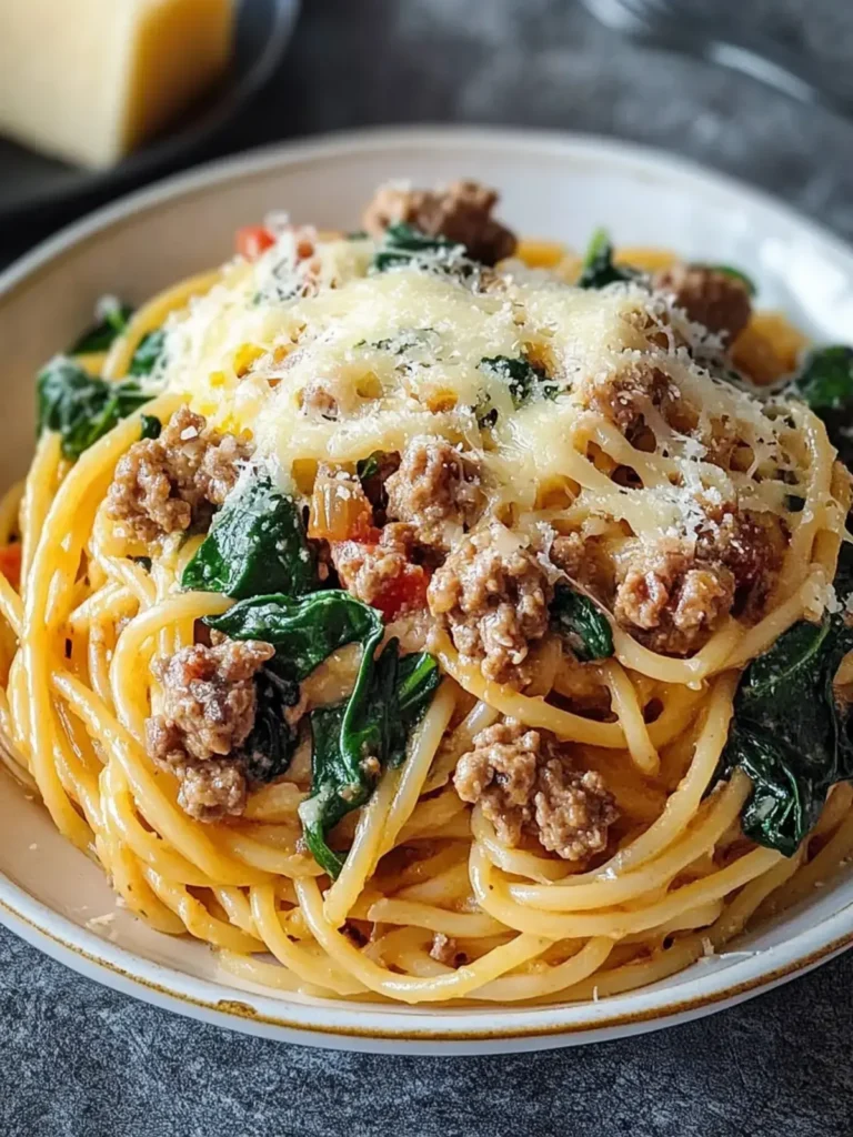 Knoblauchbutter-Spaghetti mit Wurst und Spinat