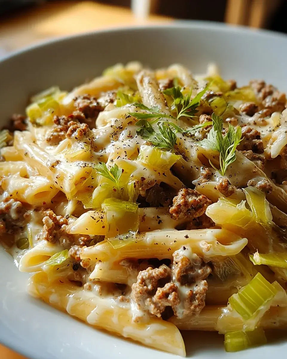 Käse Lauch Pasta mit Hackfleisch