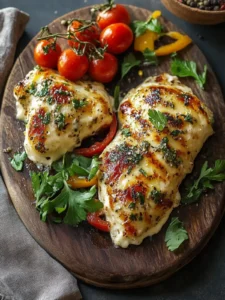 Käseüberbackenes Hähnchenbrust und Paprika