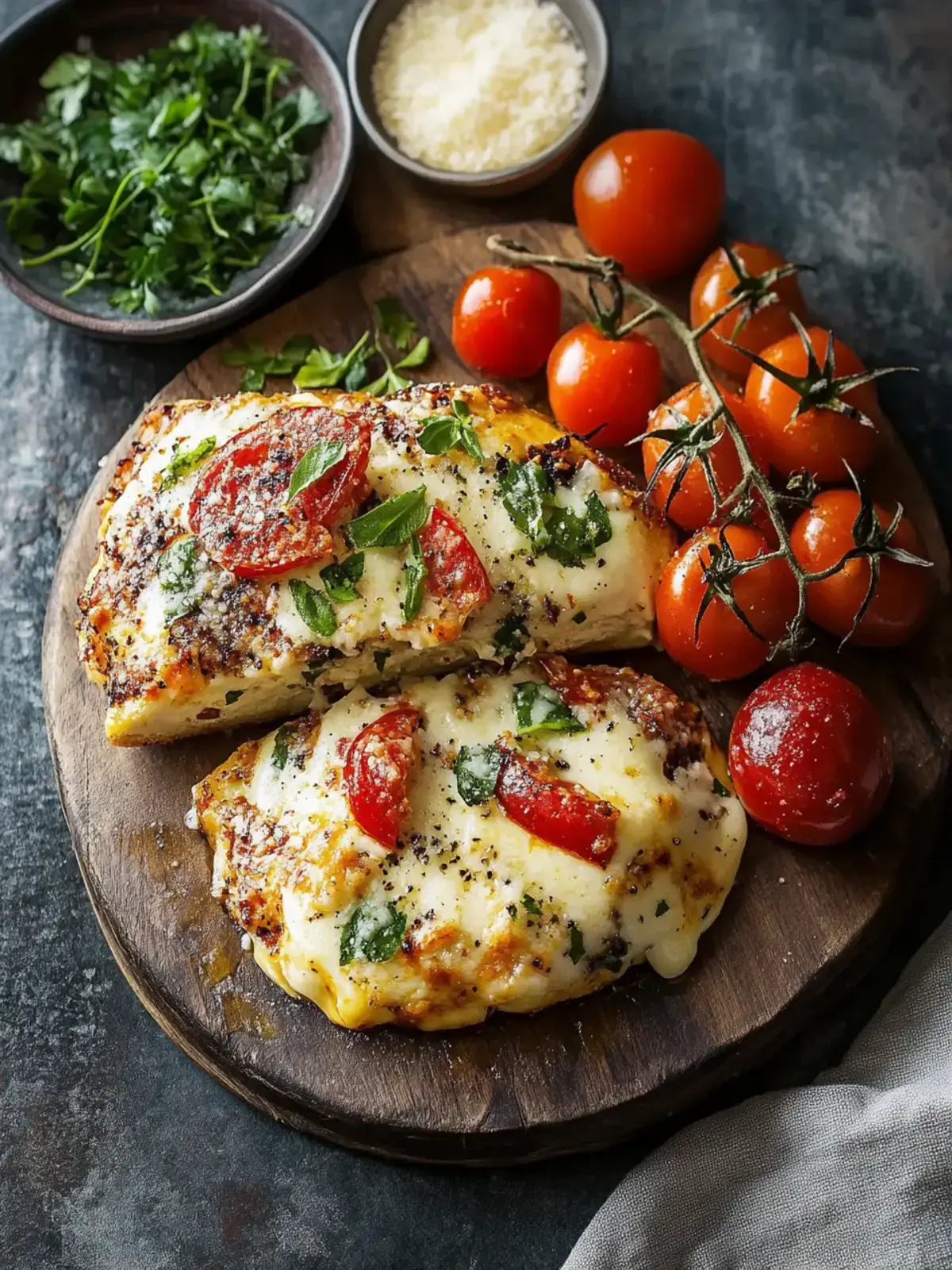 Käseüberbackenes Hähnchenbrust und Paprika