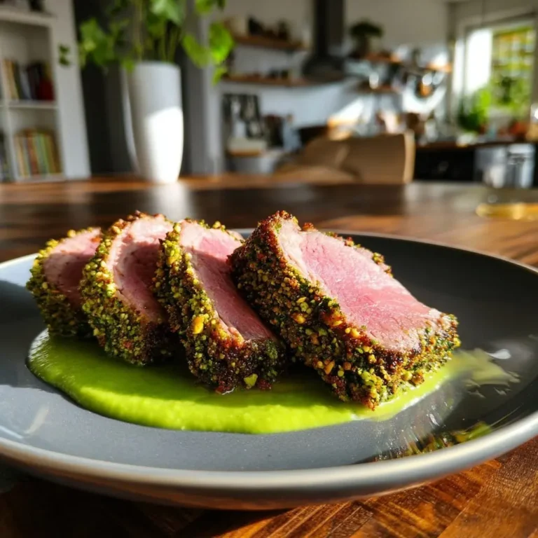 Lammhüfte unter einer Kräuter-Pistazien-Kruste auf cremigem Erbsenpüree mit Minze – LNNRW