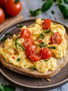Leckere Rühreier mit Tomaten auf Brot