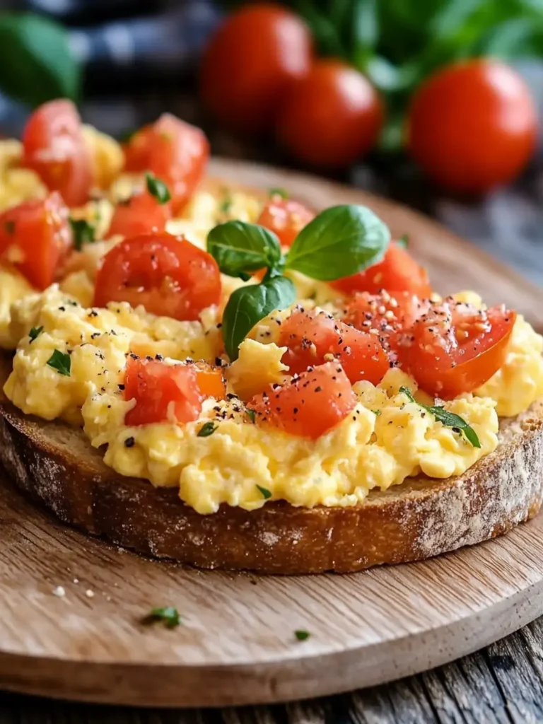 Leckere Rühreier mit Tomaten auf Brot