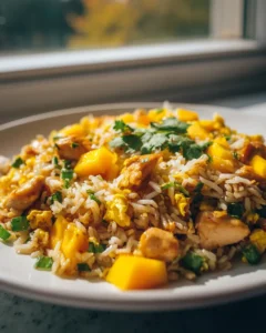 Mango-Hühnchen-Pfanne mit Ei und Frühlingszwiebeln
