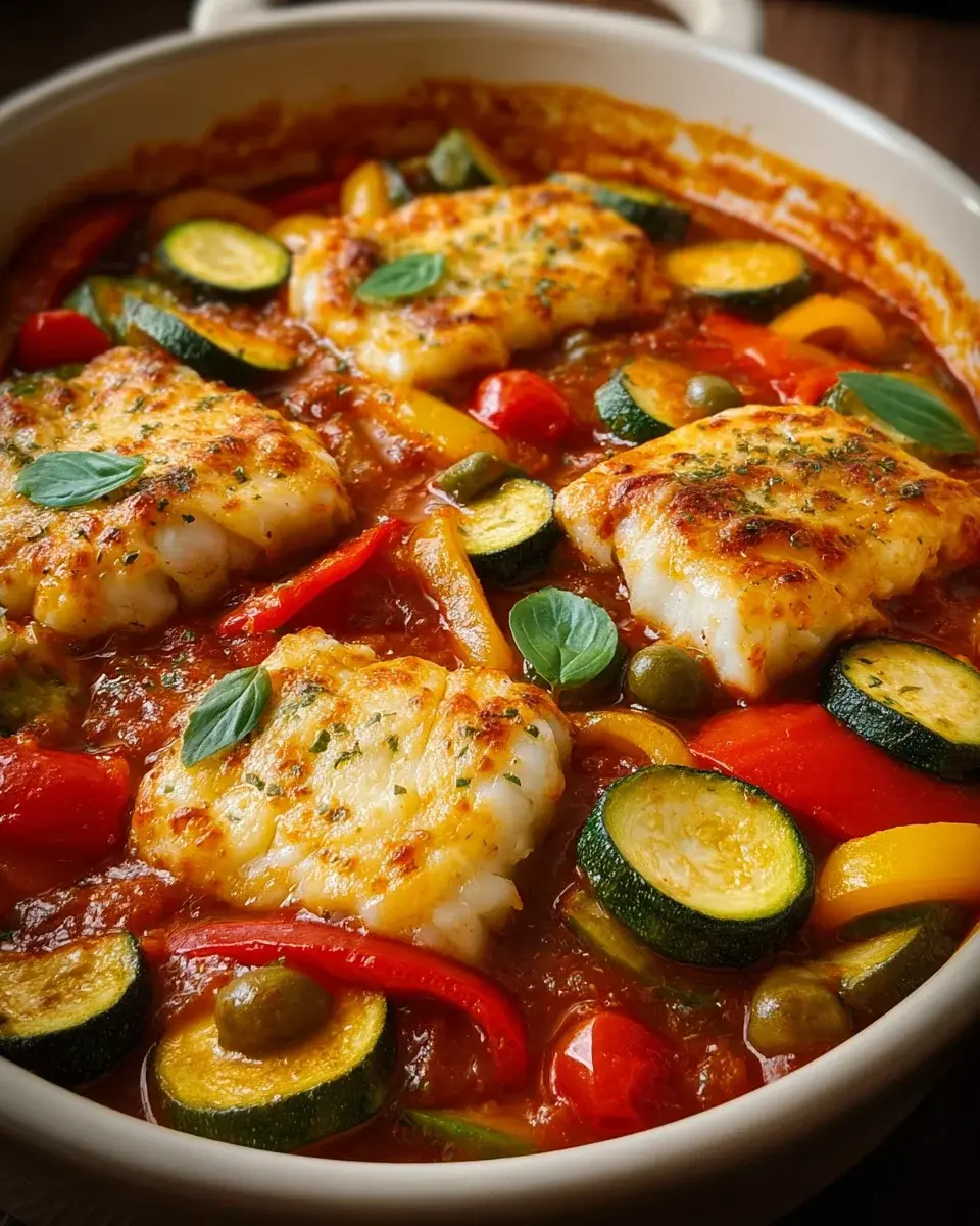 Mediterraner Fischauflauf mit Kabeljau Paprika Zucchini